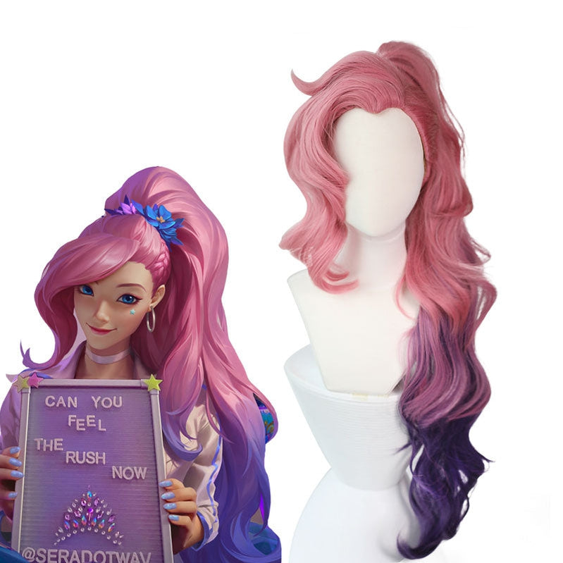 LOL Seraphine Ponytail Pink Gradient Purple Wavy Cosplay Wigs