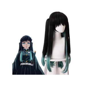 Anime Demon Slayer Tokitou Muichirou Long Straight Green Mixed Black Cosplay Wigs 