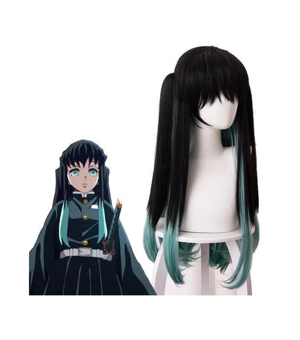 Anime Demon Slayer Tokitou Muichirou Long Straight Green Mixed Black Cosplay Wigs 