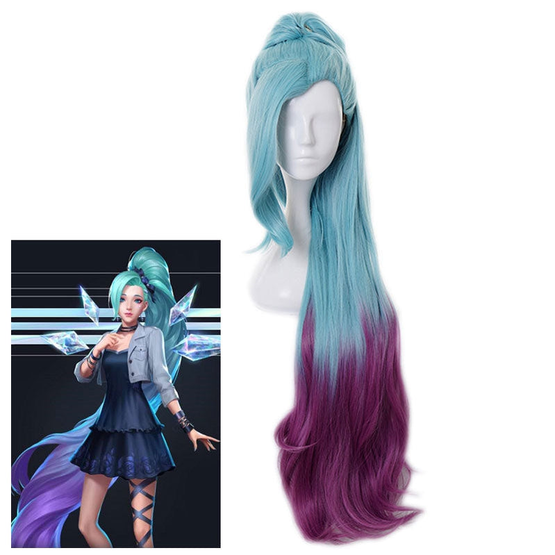 LOL K/DA ALL OUT Seraphine Superstar Cyan Gradient Purple Ponytail Cosplay Wigs