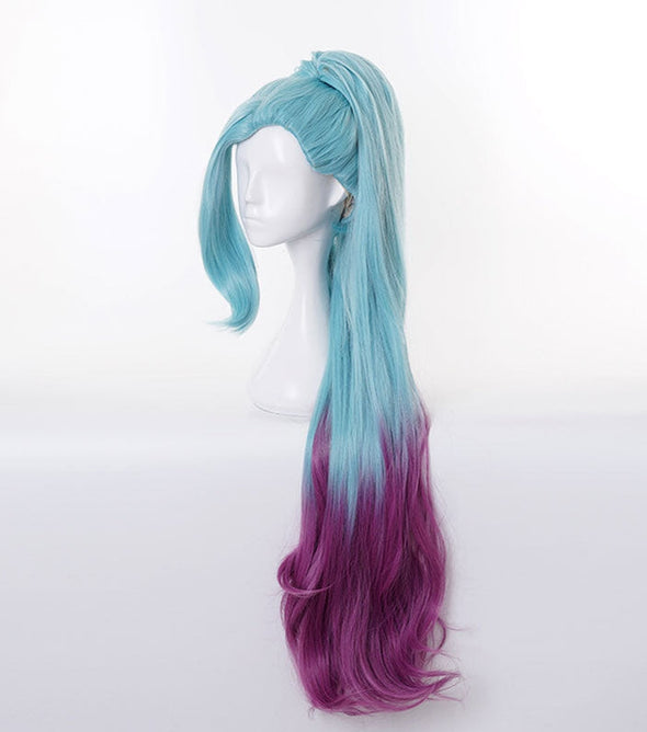LOL K/DA ALL OUT Seraphine Superstar Cyan Gradient Purple Ponytail Cosplay Wigs
