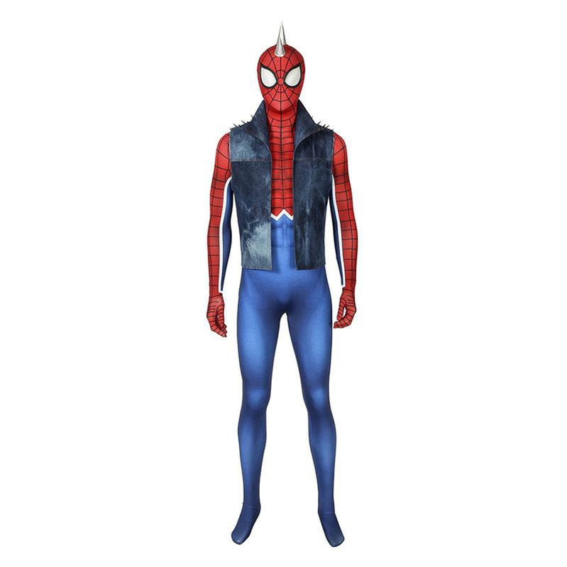 Spider-Man PS4 Peter Parker Spiderman Punk Rock Elastic Force Jumpsuit Cosplay Costume with Headgear and Vest Jacket