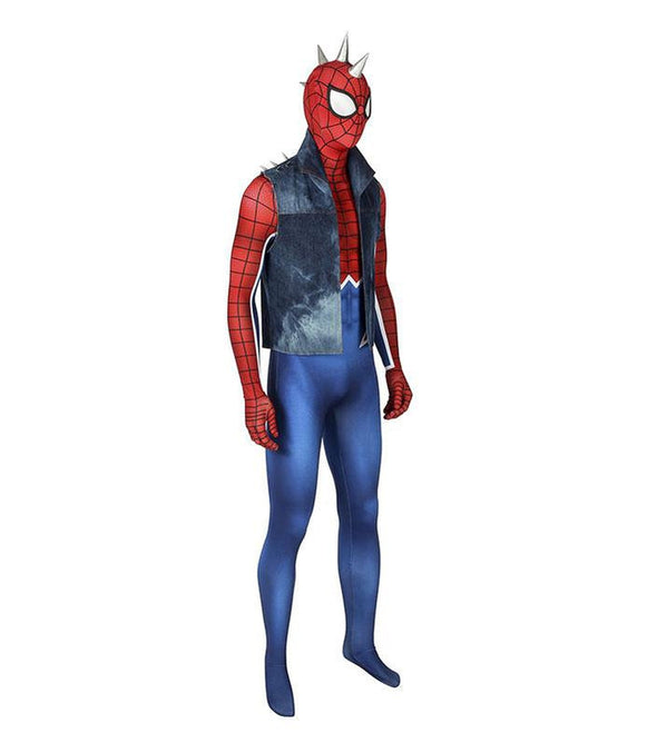 Spider-Man PS4 Peter Parker Spiderman Punk Rock Elastic Force Jumpsuit Cosplay Costume with Headgear and Vest Jacket